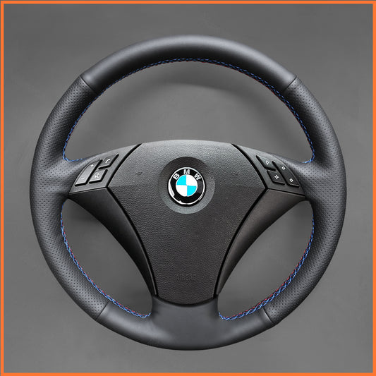 MEWANT Lenkradbezug für E60 (Sedan) 530d 2003–2009 E61 (Touring) 2004–2009 Handsewing Lenkradhülle aus schwarzem Kunstleder